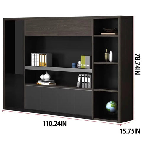 Heavy Duty Floor Standing Bookshelf And File Cabinet Pairing Warm Wood Tones With Dark Steel Builds Serious Storage Flex For Hustling Home Offices, 110.24in wide, four-tier organizer with enclosed storage.