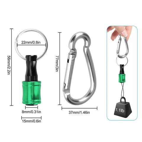 Portable One Quarter Inch Hex Shank Screwdriver Bits Holder Extension Bar Keychain with green body and metal carabiner