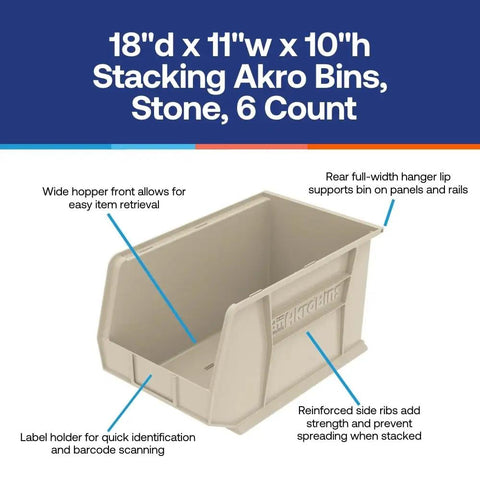 Top Shelf Stackable Storage Bins Featuring Slick Hopper Designs And No Fuss Label Tabs, Heavy Duty Polymer Organizers In Stone Gray, Six Pack For Garage