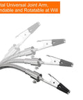 Close-up of rotatable alligator clips on soldering helping hands for PCB electronics repair and assembly