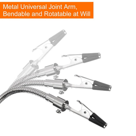 Close-up of rotatable alligator clips on soldering helping hands for PCB electronics repair and assembly