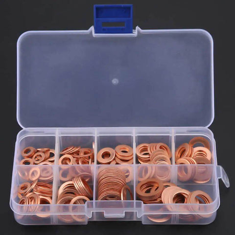 Rock Solid 200 Piece Copper Flat Washers Gasket Set M5 M6 M8 M10 M12 M14 OD 9 To 18 mm for Car and Home Repair That Get The Job Done Without Any Hassle for Real Men and Women Handling Daily Maintenance Tasks across the Country. Copper flat washer assortment in plastic case, assorted sizes for repair use