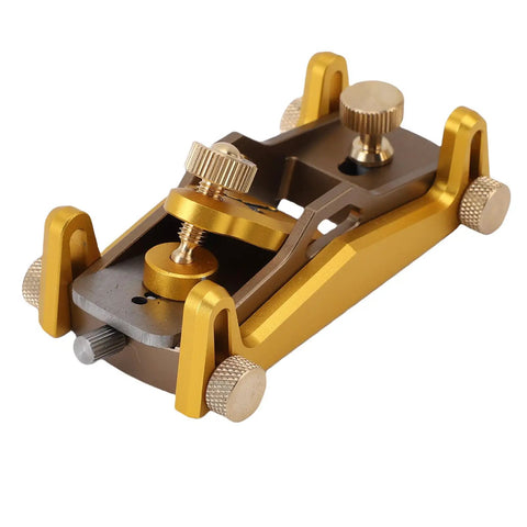 Heavy Duty Low Angle Hand Plane With Solid Aluminum Body For Butter Smooth Planing And Razor Crisp Chamfering Adjustable Cutting Angles showcasing the adjustable knobs and aluminum build.