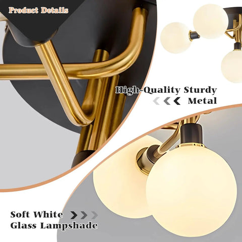 Close-up of sturdy black and brass metal with soft white frosted glass shades on a five-light mid-century modern milk glass globe ceiling light.