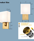 Gold Mid Century Wall Sconces Set Of 2 With White Linen Shade, size details and electrophoretic brass process shown.