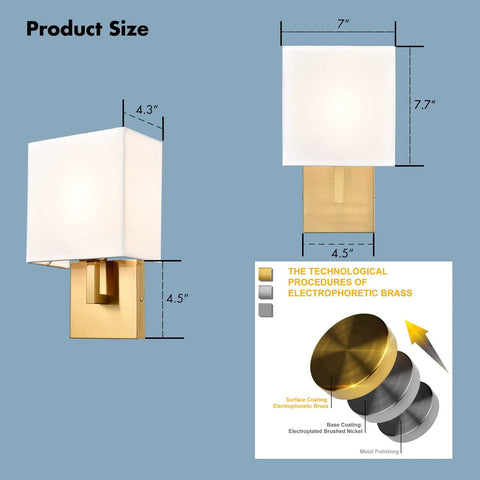 Gold Mid Century Wall Sconces Set Of 2 With White Linen Shade, size details and electrophoretic brass process shown.