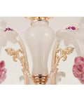 Stunning European Crystal Chandelier Featuring Pink Flower Accents Warm Led Ceiling Pendant Light Luxe Fixture close-up of pink floral design.
