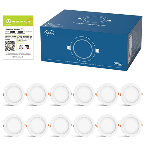 4-Inch RGB White LED Recessed Downlights Kit, 12W, 1000 Lumen, Color Changing RGB and Daylight 5000K, Dimmable, Bluetooth App Control, No Internet Required, Easy Install, 12 Pack
