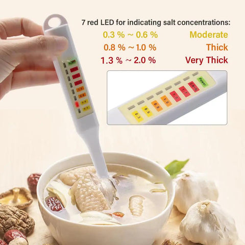 Person using Handheld Salt Concentration Tester Pen With LED Display For Liquid Foods Like Soup And Kitchen Use Quick Accurate Salinity Meter