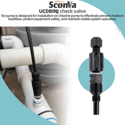 SconVa 1/4-in UCDBINJ injection check valve for peristaltic pumps; black plastic body with threaded ends