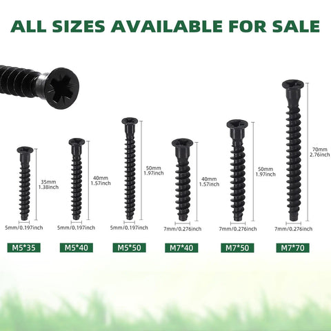 Various sizes of black zinc plated screws, including 50 Pcs Highpoint Confirmat Screws Flat Head Countersunk Black Zinc Plated.