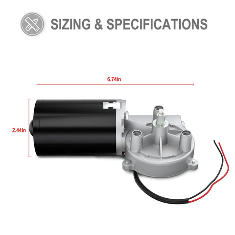 Heavy Lifting 12V DC Right Angle Reliable Electric Gear Motor With Sweet Smooth 45 Rpm Drive And Knockout Torque For Garage Doors and specs illustration.