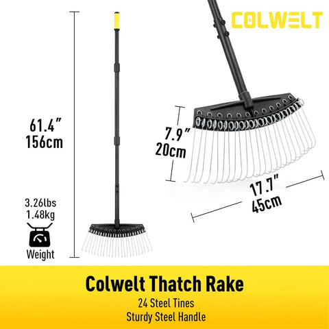 61-Inch Dethatcher Rake with 24 thin curved spring steel tines, 17.7-inch wide head, 61.4-inch long handle for lawn dethatching.
