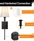 Set Of 2 Black Hardwired Wall Sconces With Vertical Rod And White Fabric Flared Shades, Versatile For Bathroom, details