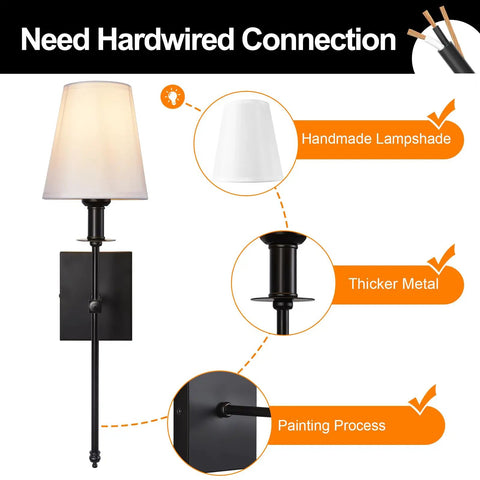 Set Of 2 Black Hardwired Wall Sconces With Vertical Rod And White Fabric Flared Shades, Versatile For Bathroom, details
