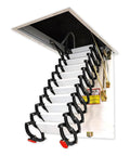 Top Notch Automatic Electric Pull Down Attic Stairs With Wireless Remote And Quick Retract Feature For Hassle Free Attic Entry, white steps with black brackets.