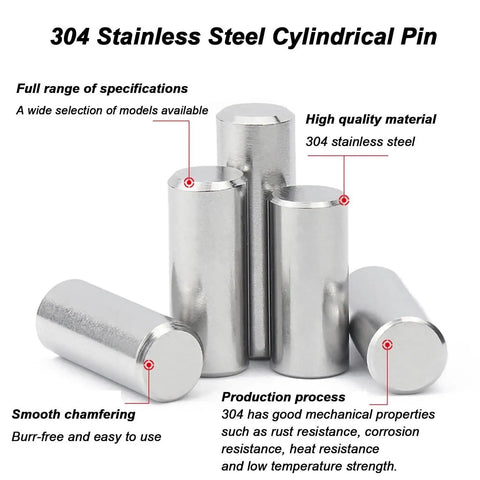Stainless Steel Dowel Pins Set 180 Pcs M2.5 304 Locating Kit, chamfered edges, smooth finish, five pins standing and lying down