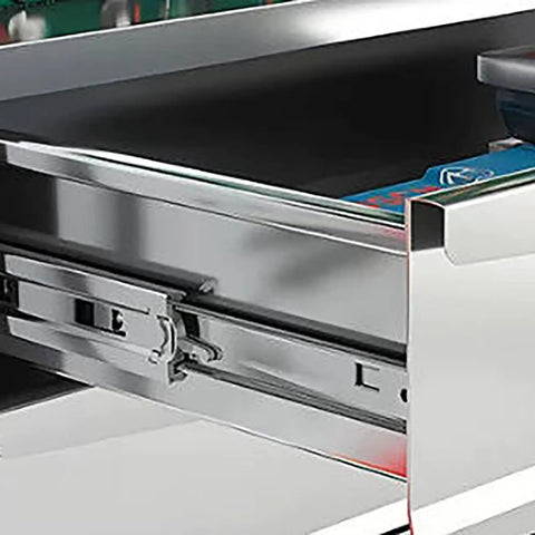Close-up of drawer slide in Hardened Steel Tool Cabinet With Anti Rust Finish And Tight Lock For Tall Workshop Storage.