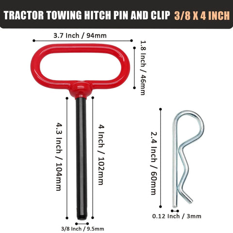 Two Pack Three Eighths Inch By Four Inch Trailer Hitch Pin With Rubber Coated Handle, Built Tough Heavy Duty Lawn Mower And Garden Trailer Gate Pin For ATV Golf Cart RV Truck Boat Car, Solid Steel Construction image showing measurements and design details.