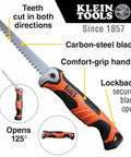Klein Tools folding jab saw with orange/black comfort-grip handle, carbon-steel blade; lockback opens to 125° and 180°.