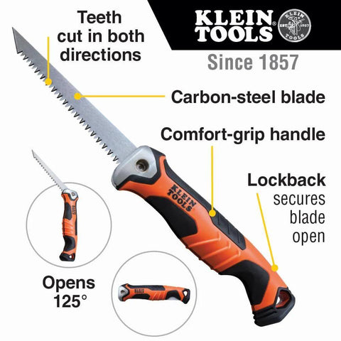 Klein Tools folding jab saw with orange/black comfort-grip handle, carbon-steel blade; lockback opens to 125° and 180°.