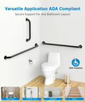 Built Different Matte Black Grab Bar Bundle Three Piece Set Ada Compliant Shower Safety Bars, installed in restroom for support.