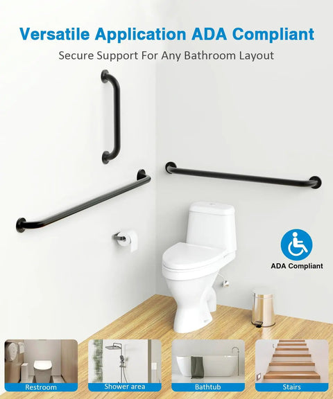 Built Different Matte Black Grab Bar Bundle Three Piece Set Ada Compliant Shower Safety Bars, installed in restroom for support.