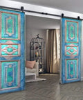 Hand Carved Authentic Barn Doors Custom Size For Interior Or Exterior Entrance Front Doors Double Or Single Hinged Or Sliding Rustic Farmhouse Vibe Antique Style Door No Glass Or Hardware Included in a modern living room setting