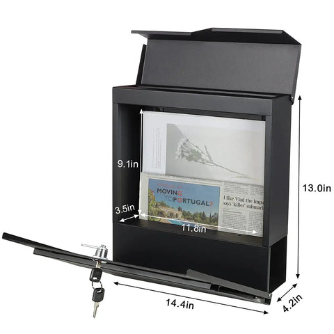 Large Capacity Outdoor Wall Mount Mailbox With Key Lock And Newspaper Compartment, Heavy Duty Galvanized Steel, open view with keys