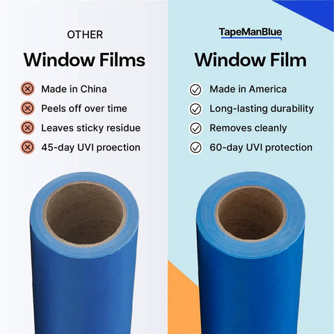 Comparison of other window films vs. Blue Window Protection Film 24 Inch By 600 Feet For Construction Self Adhesive Temporary Glass Protection Tape Made In The USA Built Tough Shields Windows From Overspray Paint Mortar Stains Acid Wash Weather And More Covering Up To 1200 Square Feet, showing durability and made in America.