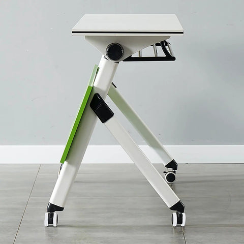 Heavy Duty Folding Computer Desk With Flip Top Layout And Four Sleek Rolling Casters, white surface, green accent, side view.