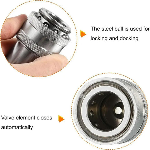 Close-up of Beefy Heavy Duty Hydraulic Quick Connect Coupler Set With M16x1 5 Female Thread Carbon Steel Ball Locking Connector