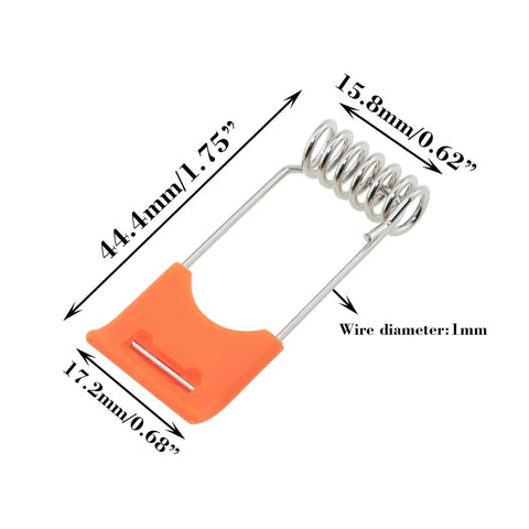 Close-up of a 12 Pack Recessed Ceiling Light Accessory Tube Spring Clip with orange handle and measurements, for LED downlights.