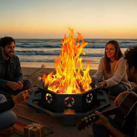 43 Inch Outdoor Wood Burning Fire Pit With Poker Octagonal Design Heavy Duty Steel Black by beach campfire setting