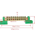 Two Pack 10 Positions Terminal Bus Bar Block Copper Wire Screw Terminal Grounding Strip Green Heavy Duty Plastic Insulated Terminal Block For Electrical Panels And Wiring Projects, front view with measurements