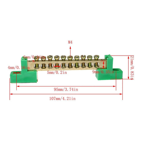 Two Pack 10 Positions Terminal Bus Bar Block Copper Wire Screw Terminal Grounding Strip Green Heavy Duty Plastic Insulated Terminal Block For Electrical Panels And Wiring Projects, front view with measurements