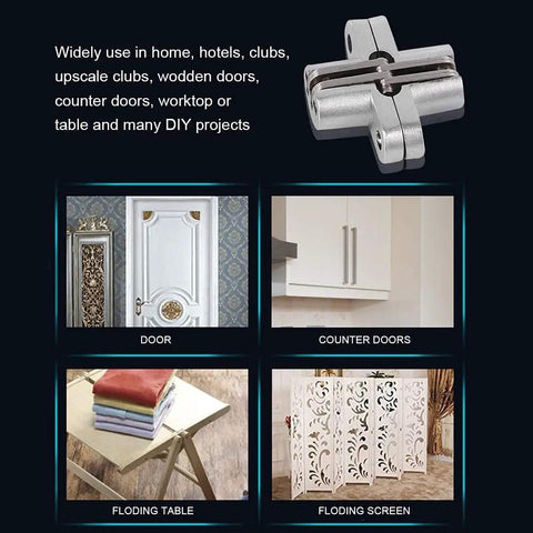 Zinc Alloy Hidden Hinge For Folding Doors, Concealed Cross Hidden Hinge Set in use on door, table, and screen applications.