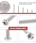 Close-up of M2 Phillips Pan Head Screws Kit With Nuts, Lock Washers, and 304 Stainless Steel, showing size comparison with a coin.