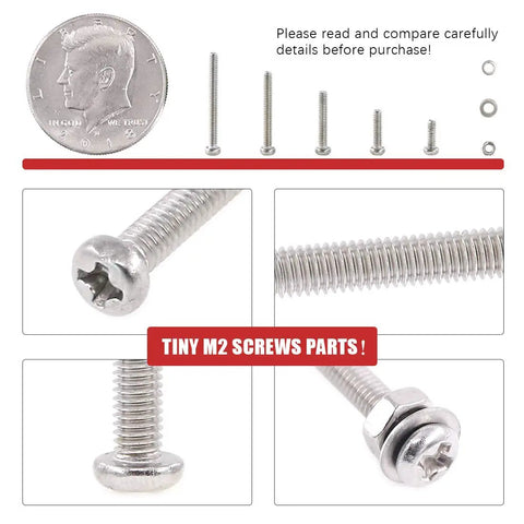 Close-up of M2 Phillips Pan Head Screws Kit With Nuts, Lock Washers, and 304 Stainless Steel, showing size comparison with a coin.