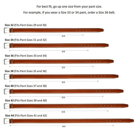 Size chart for Mens Leather Belt With Hook And Loop Closure No Buckle Scratch Free Black 38 Inch Wide 1.5 Inch American Made