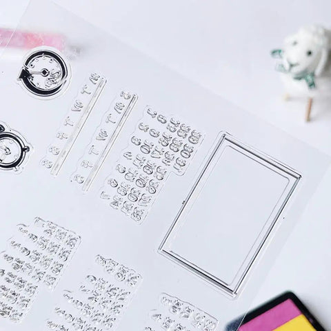 Fresh Date Week Month Year Calendar Clear Silicone Stamp Set For DIY Scrapbooking And Holiday Cards Featuring Alarm Clock Arabic Numerals, layout detail.
