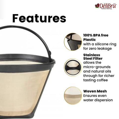 Gold Tone Cone Style Reusable Coffee Filter Size Two For DCC 450 Cuisinart Coffee Makers with BPA-free plastic and steel filter.