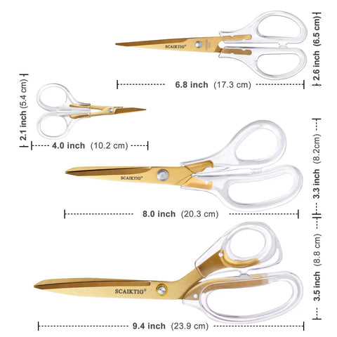 Acrylic Scissors Set With Titanium Gold Coated Blades For All-Purpose Heavy-Duty Office Desk Scissors With Clear Comfort-Grip Handles, 4 sizes shown