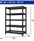 Heavy Duty 5 Tier Garage Shelving Unit With Reinforced Steel Wire Mesh Shelves, 24 Inch Deep, 72 Inch High, 40W x 24D, Keeps 27-Gallon Totes, Tools, Basement And Warehouse Organized, Black