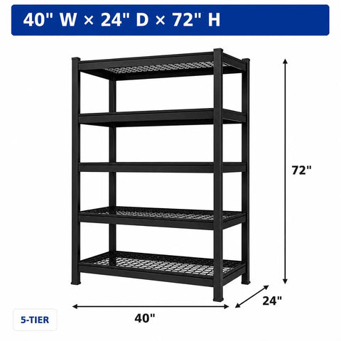 Heavy Duty 5 Tier Garage Shelving Unit With Reinforced Steel Wire Mesh Shelves, 24 Inch Deep, 72 Inch High, 40W x 24D, Keeps 27-Gallon Totes, Tools, Basement And Warehouse Organized, Black