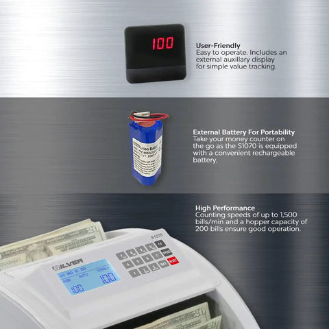 Fast Money Counter With Fake Bill Detector And LCD Display, UV MG IR DD HLF CHN Checks, Backup Battery, Model S1070 features