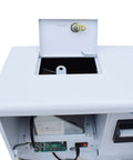 Top view of Dollar Bill Changer Machine for Vending Arcades Slots and Laundry with open coin compartment and lock mechanism.