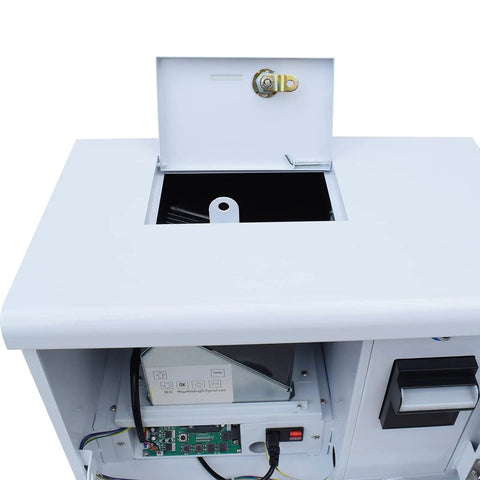 Top view of Dollar Bill Changer Machine for Vending Arcades Slots and Laundry with open coin compartment and lock mechanism.