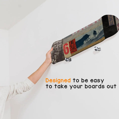 Four Pack Aluminum Wall Mount Skateboard Racks For Display And Storage Of Skateboard Decks And Longboards In Your Room Or Garage Dope Wall Hangers With Easy Install showing easy board removal