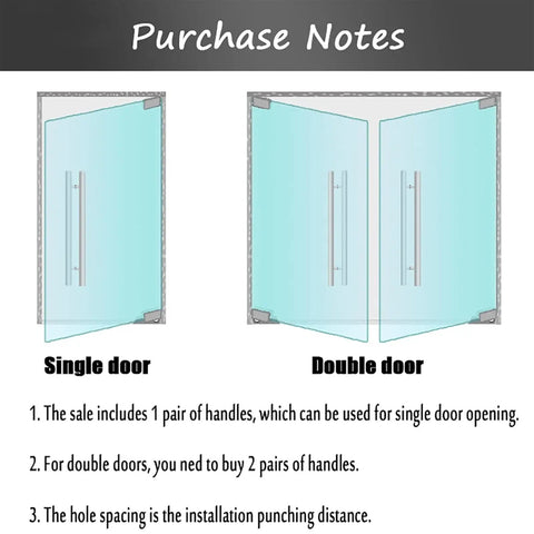 Diagram showing Heavy Duty Gate Hardware Glass Door Handle for single and double door installation.